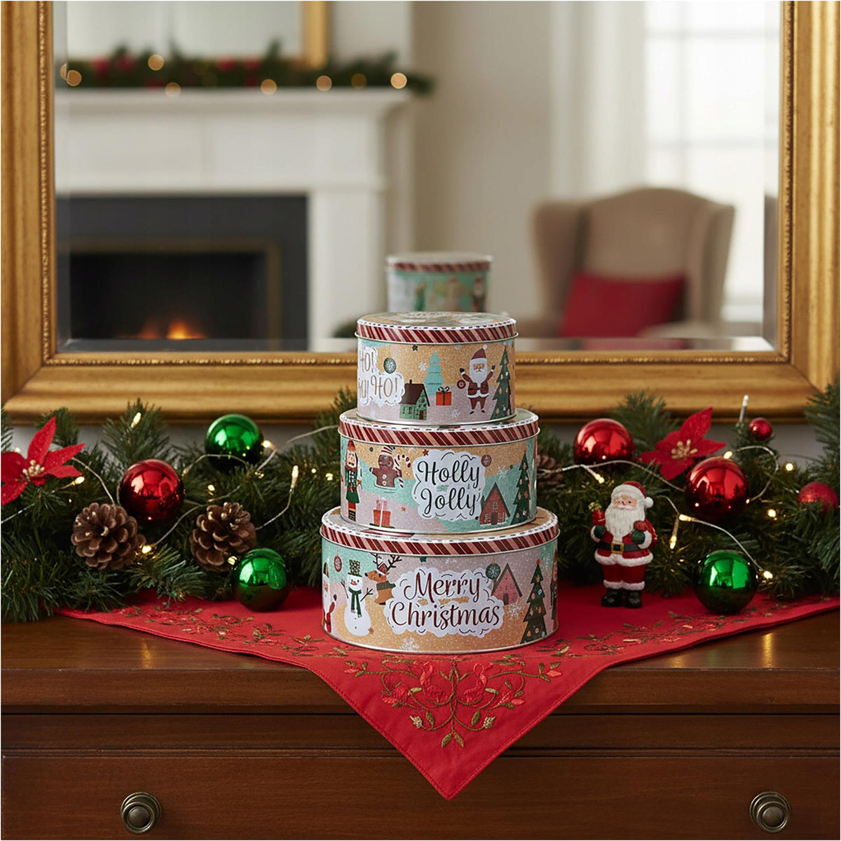 Set of 3 Christmas Storage Tins | 3-piece Triple Festive Round Nesting Tins Tin - Tophatter Daily Deals