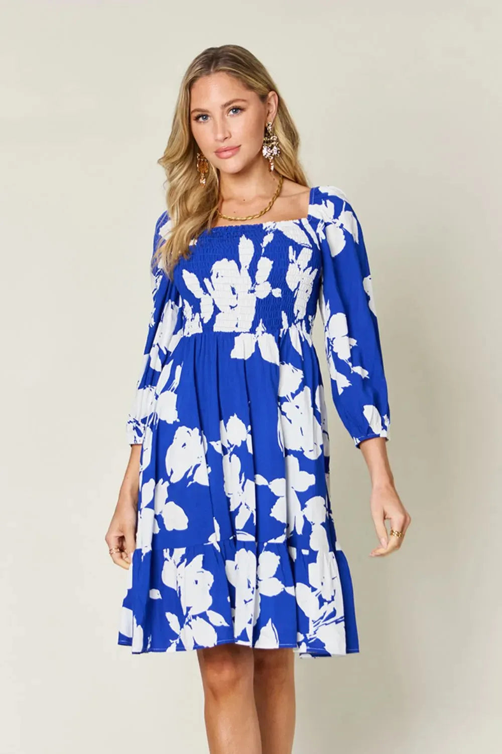 Double Take Full Size Floral Ruffle Hem Smocked Dress Royal Blue Casual Dresses - Tophatter Daily Deals