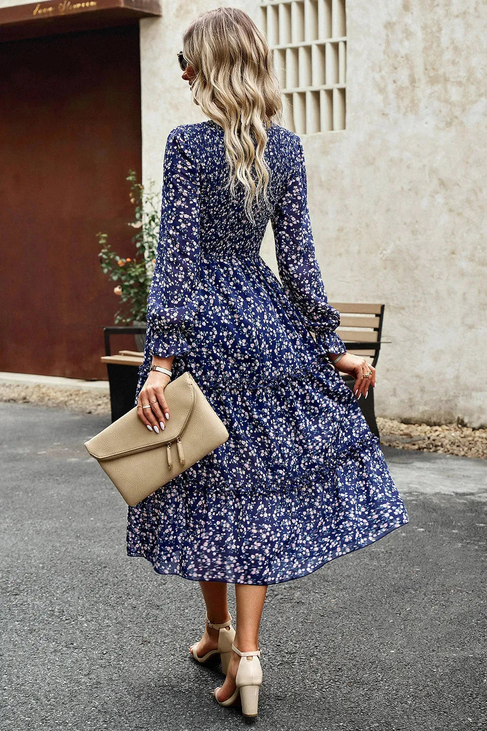 Smocked Flounce Sleeve Midi Dress Casual Dresses - Tophatter Daily Deals
