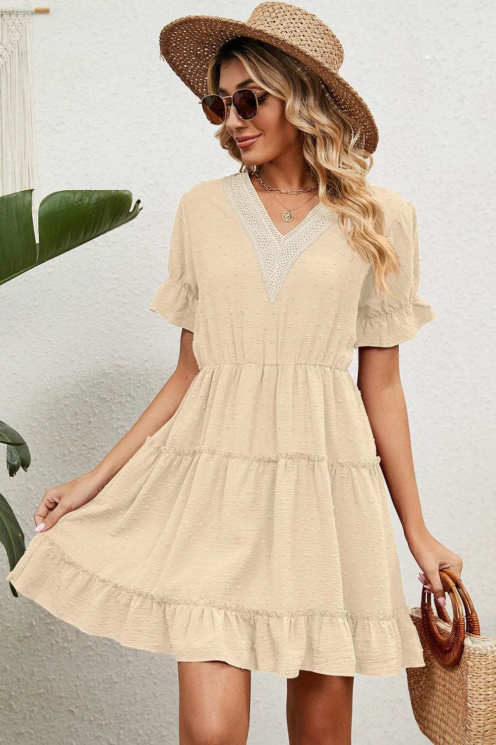 Swiss Dot V-Neck Flounce Sleeve Mini Dress Casual Dresses - Tophatter Daily Deals