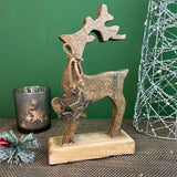 Rustic Wooden Reindeer Ornament | Christmas Deer Sculpture on Wooden Base - 26cm Ornament - Tophatter Daily Deals