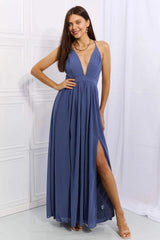 OneTheLand Captivating Muse Open Crossback Maxi Dress Dusty Blue Cocktail Dresses - Tophatter Daily Deals