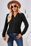 Notched Button Detail Long Sleeve T-Shirt Black Women's T-Shirts - Tophatter Daily Deals