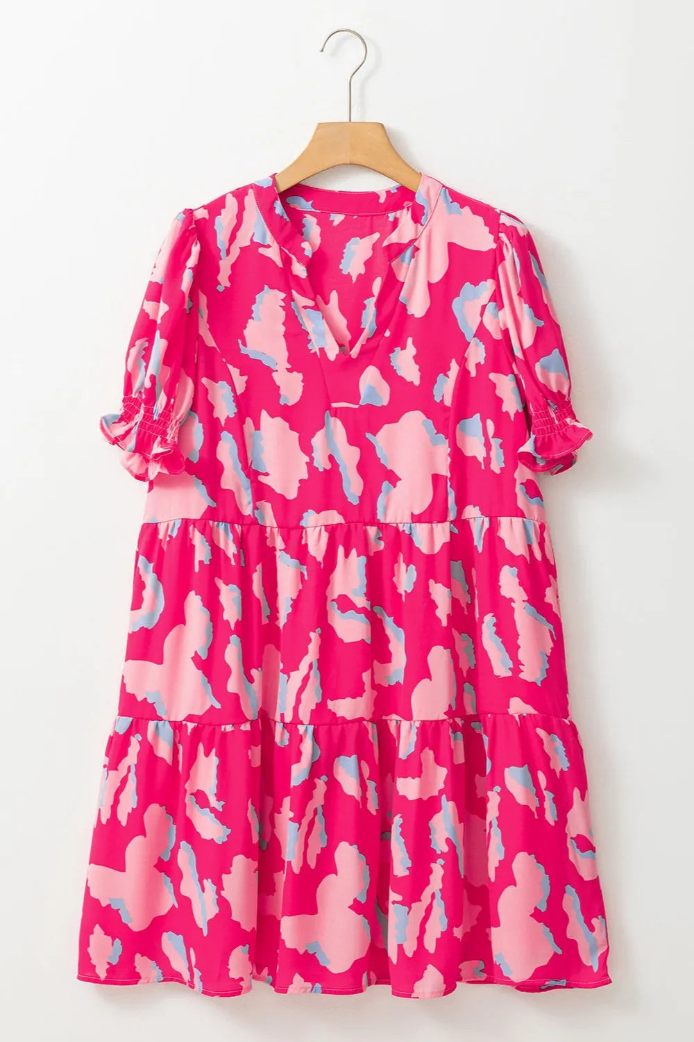 Ruffled Printed Short Sleeve Mini Dress Hot Pink Casual Dresses - Tophatter Daily Deals