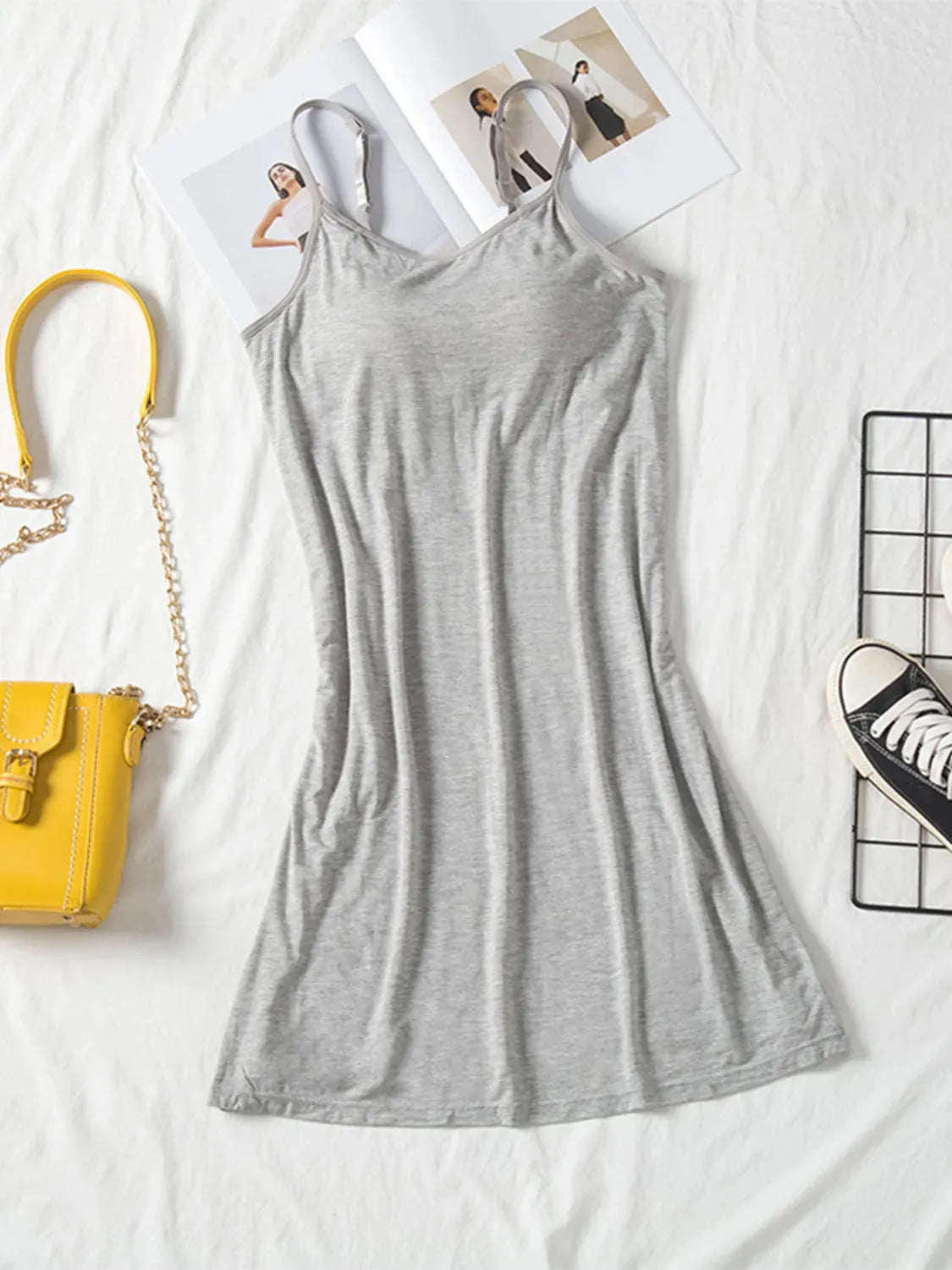 Round Neck Spaghetti Strap Cami Dress with Bra Gray Casual Dresses - Tophatter Daily Deals