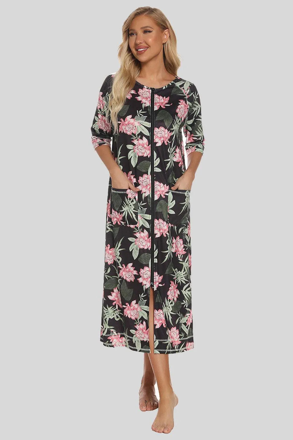 Printed Slit Night Dress with Pockets Army Green Sleep Dresses - Tophatter Daily Deals