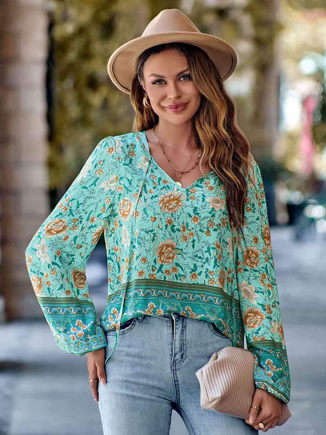 Printed Tie Neck Long Sleeve Blouse Tiffany Blue Blouses - Tophatter Daily Deals