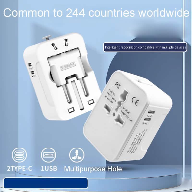 Universal Travel Adapter with Surge Protection, USB-A and Two USB-C Ports, White Electronics - Tophatter Daily Deals