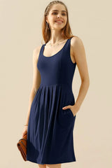 Doublju Full Size Round Neck Ruched Sleeveless Dress with Pockets NAVY Cocktail Dresses - Tophatter Daily Deals