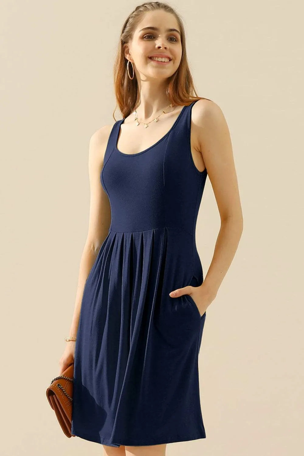 Doublju Full Size Round Neck Ruched Sleeveless Dress with Pockets NAVY Cocktail Dresses - Tophatter Daily Deals