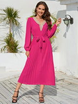 V-Neck Long Sleeve Pleated Dress Casual Dresses - Tophatter Daily Deals