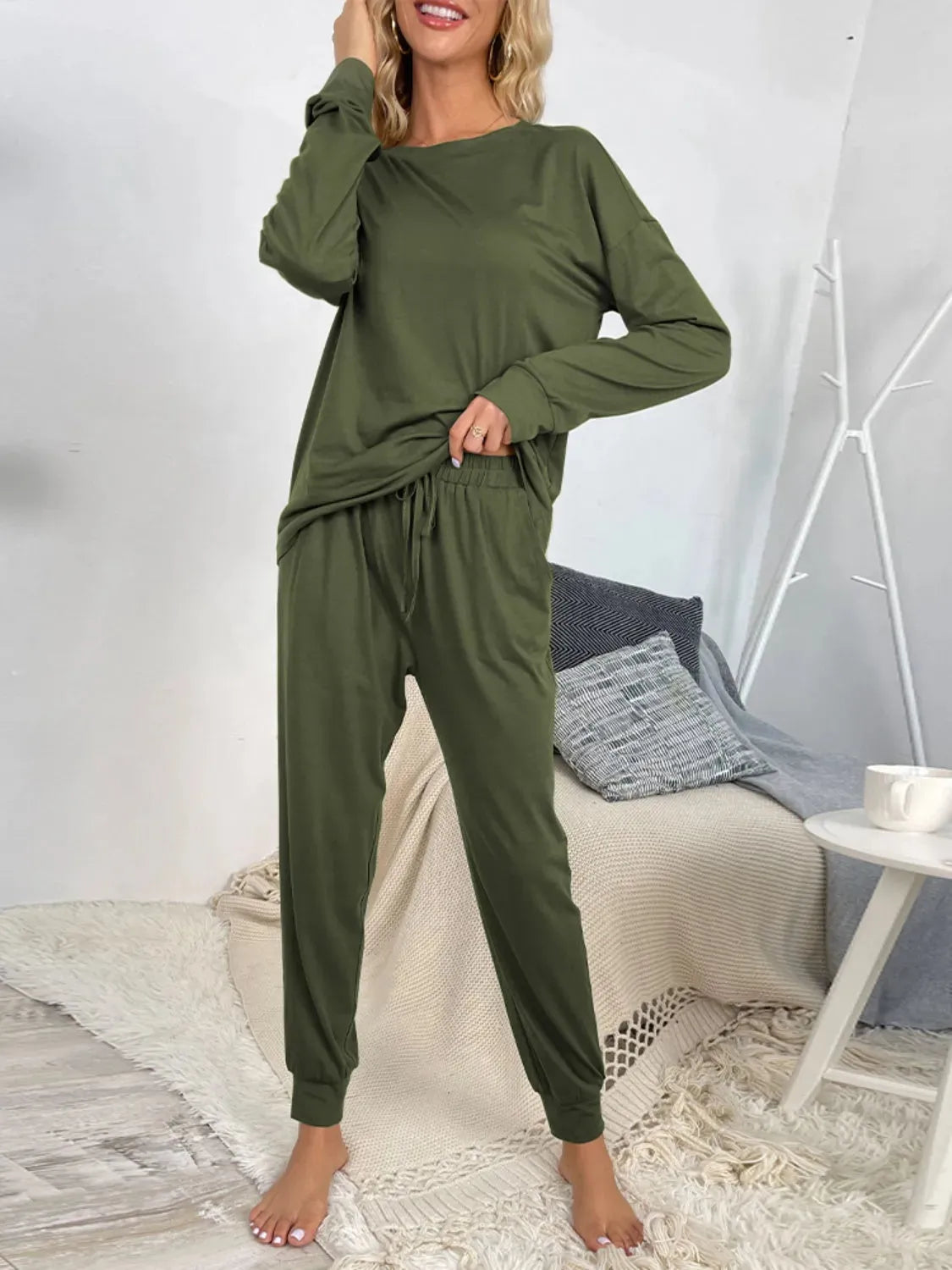 Round Neck Top and Drawstring Pants Lounge Set Loungewear Sets - Tophatter Daily Deals