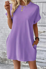 Pocketed Round Neck Short Sleeve Dress Casual Dresses - Tophatter Daily Deals