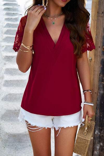 Embroidered V-Neck Short Sleeve T-Shirt Wine Women's T-Shirts - Tophatter Daily Deals