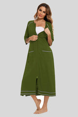 Zip Up Slit Round Neck Night Dress with Pockets Army Green Sleep Dresses - Tophatter Daily Deals