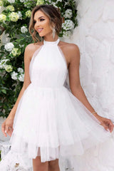 Halter Neck Backless Mesh Dress White Cocktail Dresses - Tophatter Daily Deals