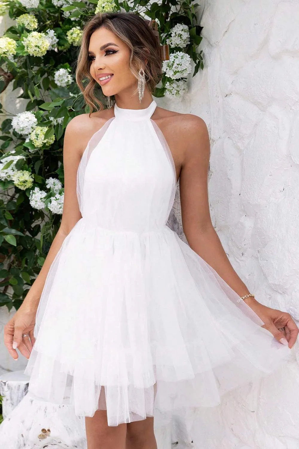 Halter Neck Backless Mesh Dress White Cocktail Dresses - Tophatter Daily Deals