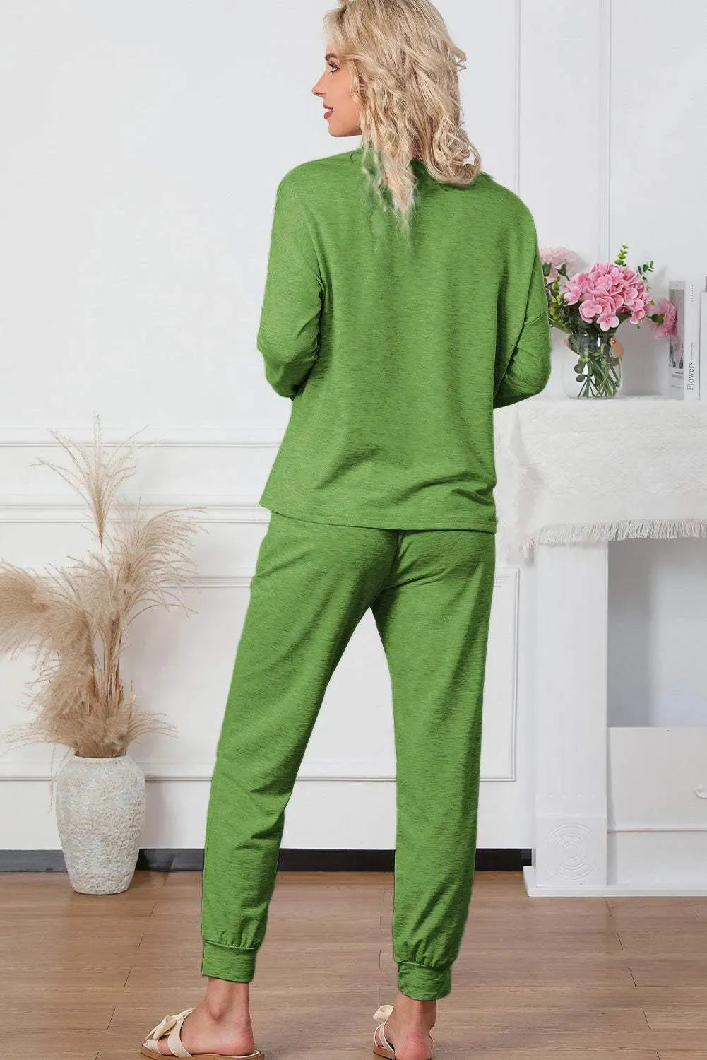 Round Neck Top and Drawstring Pants Lounge Set Loungewear Sets - Tophatter Daily Deals