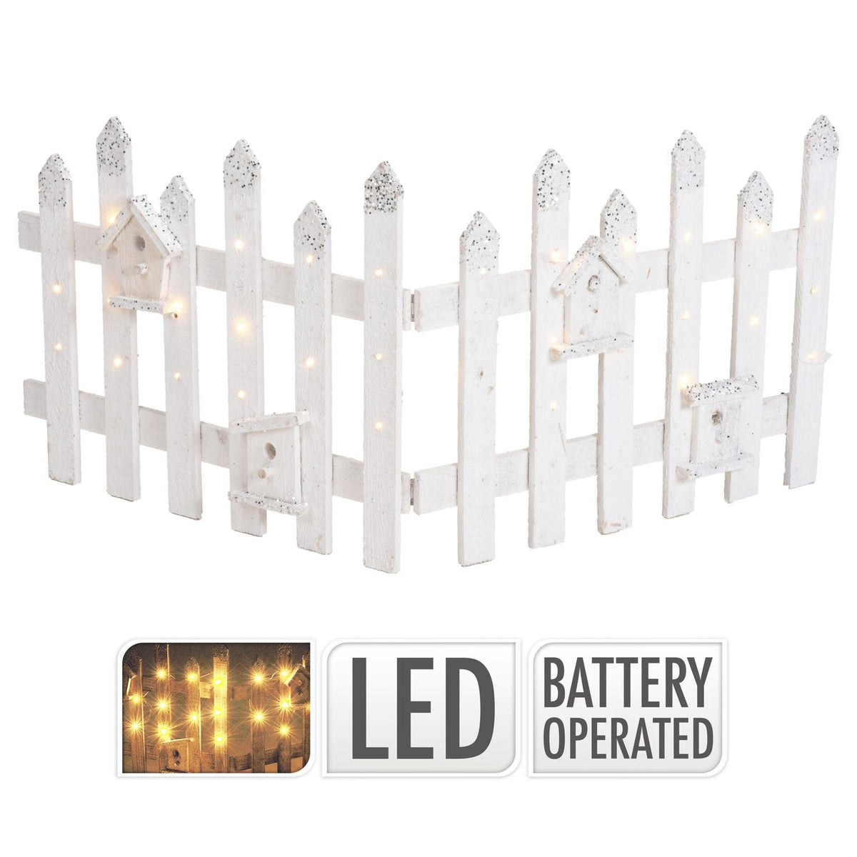 White Wooden LED Light Up Snow Topped Glitter Christmas Tree Fence | Snow Capped Picket Fence For Christmas Tree | White Wooden Christmas Tree Skirt Picket Fence Border - 100 x 40cm Tree Skirt - Tophatter Daily Deals