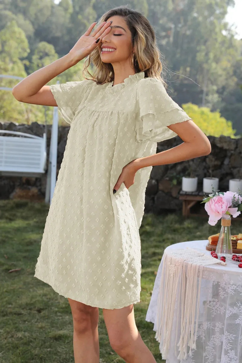 Swiss Dot Round Neck Flutter Sleeve Dress Casual Dresses - Tophatter Daily Deals