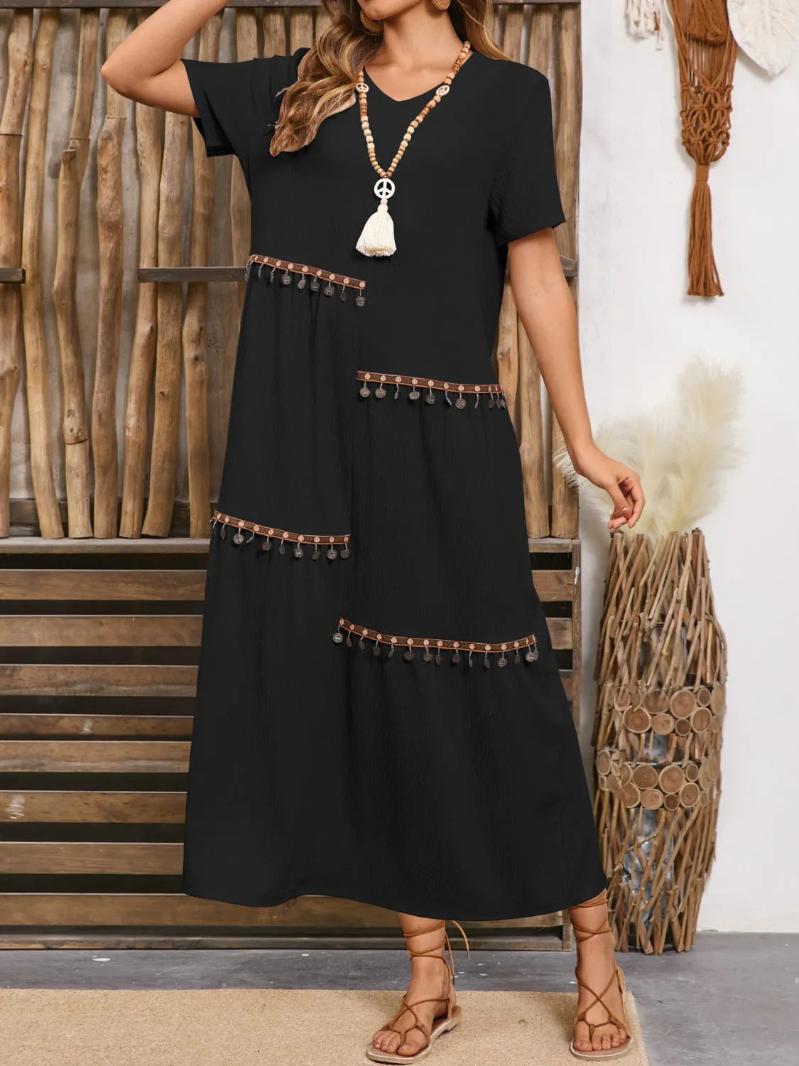 V-Neck Short Sleeve Midi Dress Black Casual Dresses - Tophatter Daily Deals