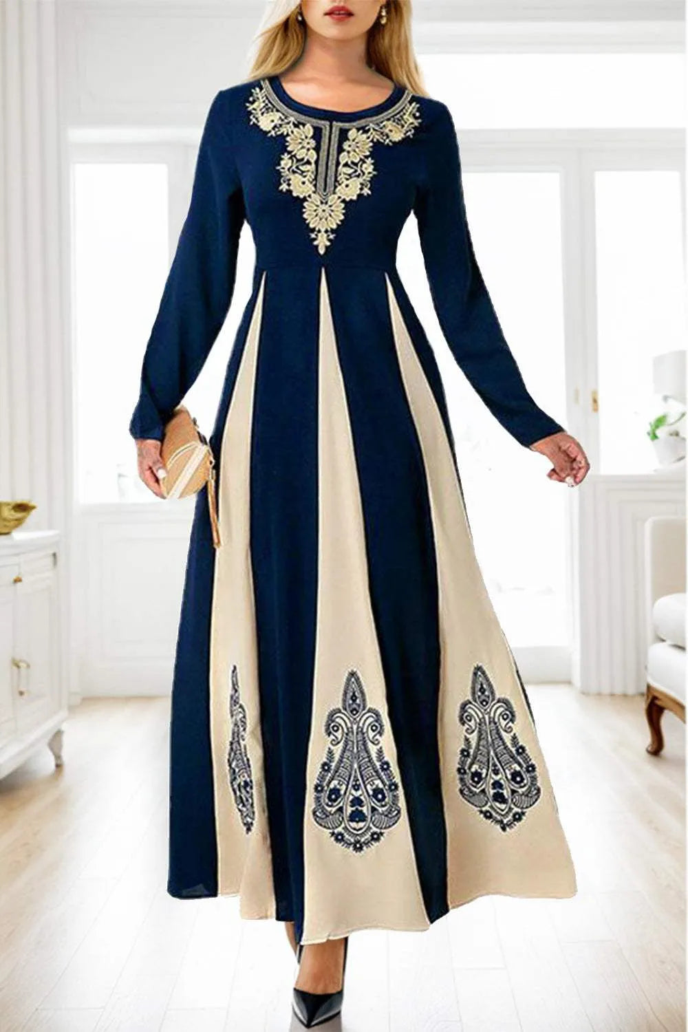 Printed Round Neck Long Sleeve Maxi Dress Casual Dresses - Tophatter Daily Deals