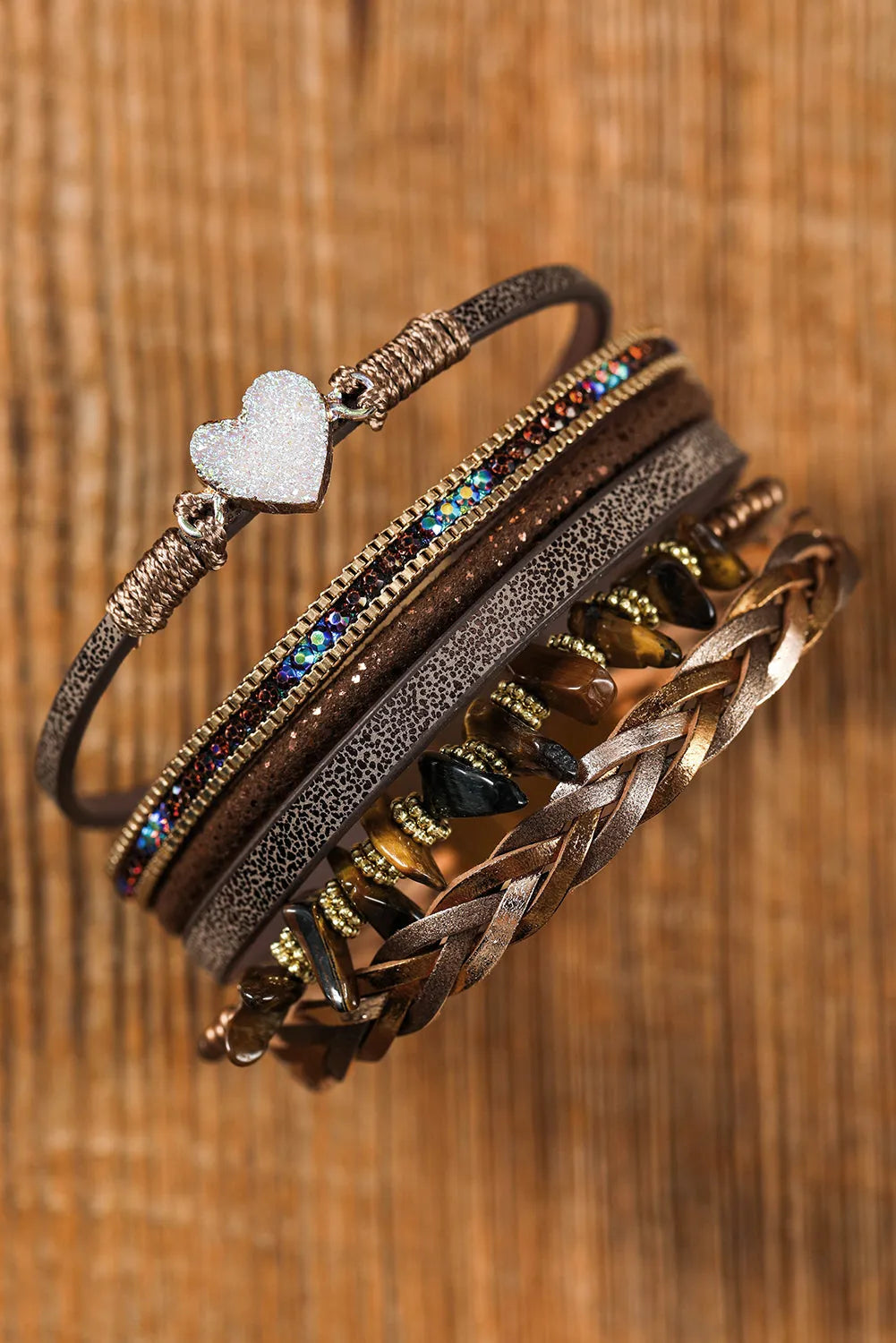 Brown Glittering Heart Accent Multi-layer Vintage PU Bracelet Bracelets - Tophatter Daily Deals
