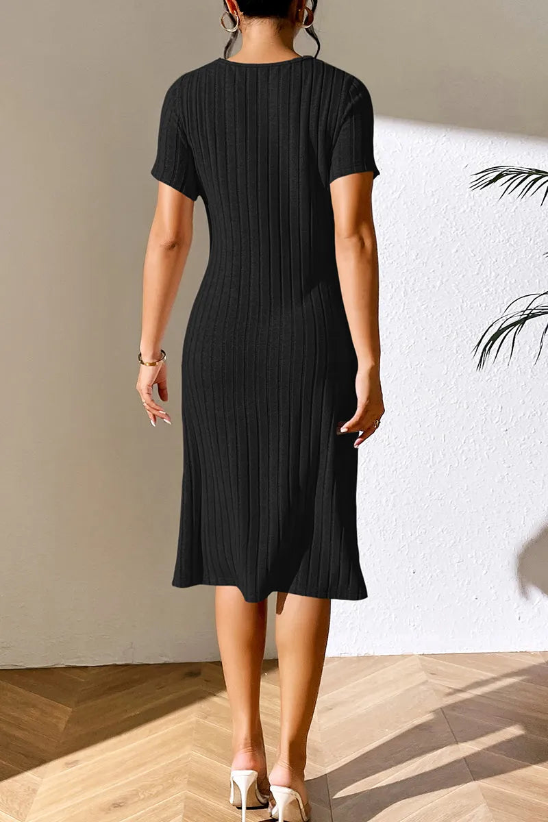 Ribbed Asymmetrical Neck Short Sleeve Dress Casual Dresses - Tophatter Daily Deals