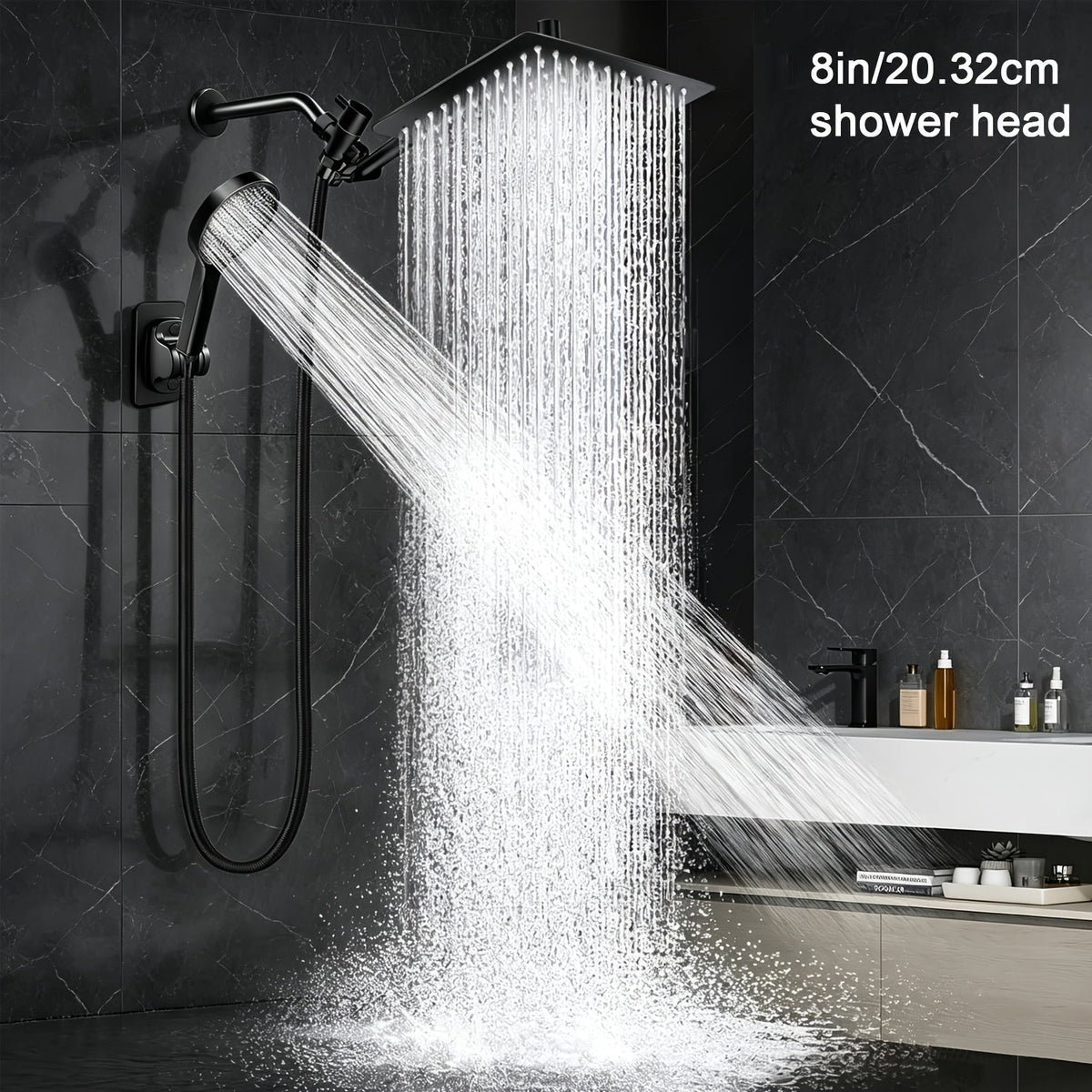 8-Inch Rainfall and Handheld Shower Head Combo - High Pressure, Adjustable Arm, Black Bath - Tophatter Daily Deals