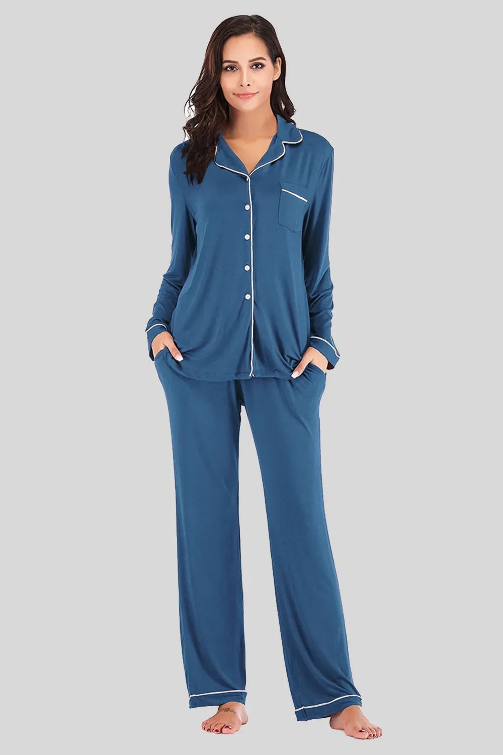 Collared Neck Long Sleeve Loungewear Set with Pockets Loungewear Sets - Tophatter Daily Deals