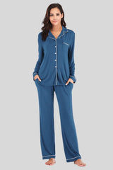 Collared Neck Long Sleeve Loungewear Set with Pockets Peacock Blue Loungewear Sets - Tophatter Daily Deals