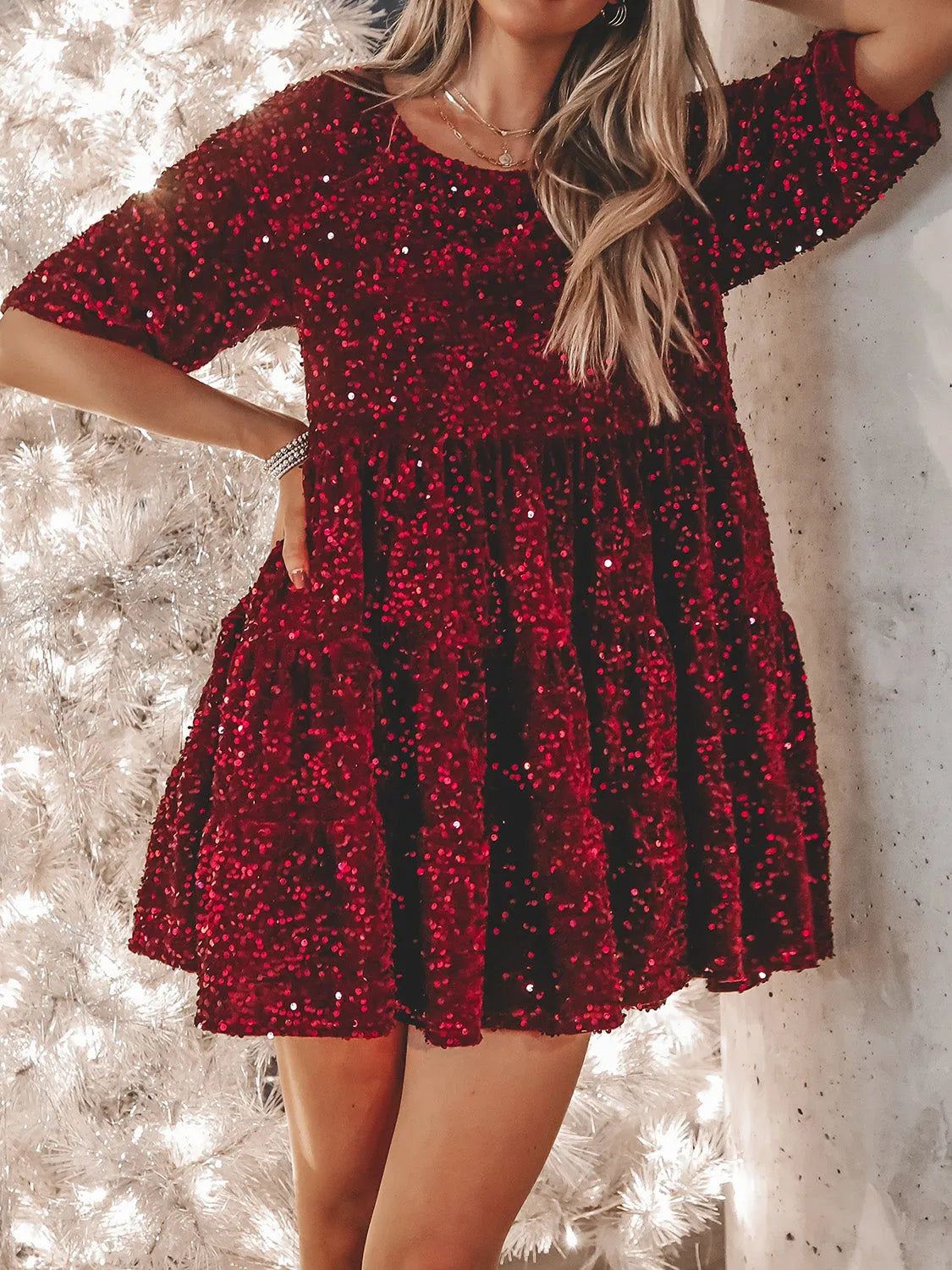 Full Size Sequin Round Neck Half Sleeve Mini Dress Burgundy Casual Dresses - Tophatter Daily Deals