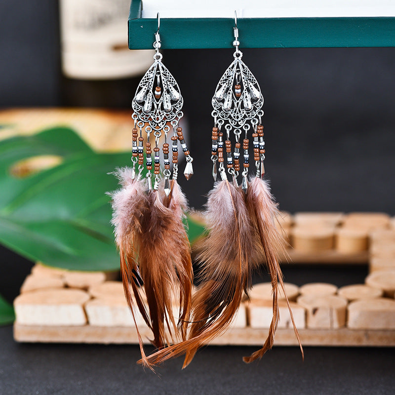 Bohemian Earrings Long Tassel Retro Feather Earrings Ethnic Style Jewelry DC1414 3 Coffee 0 - Tophatter Daily Deals