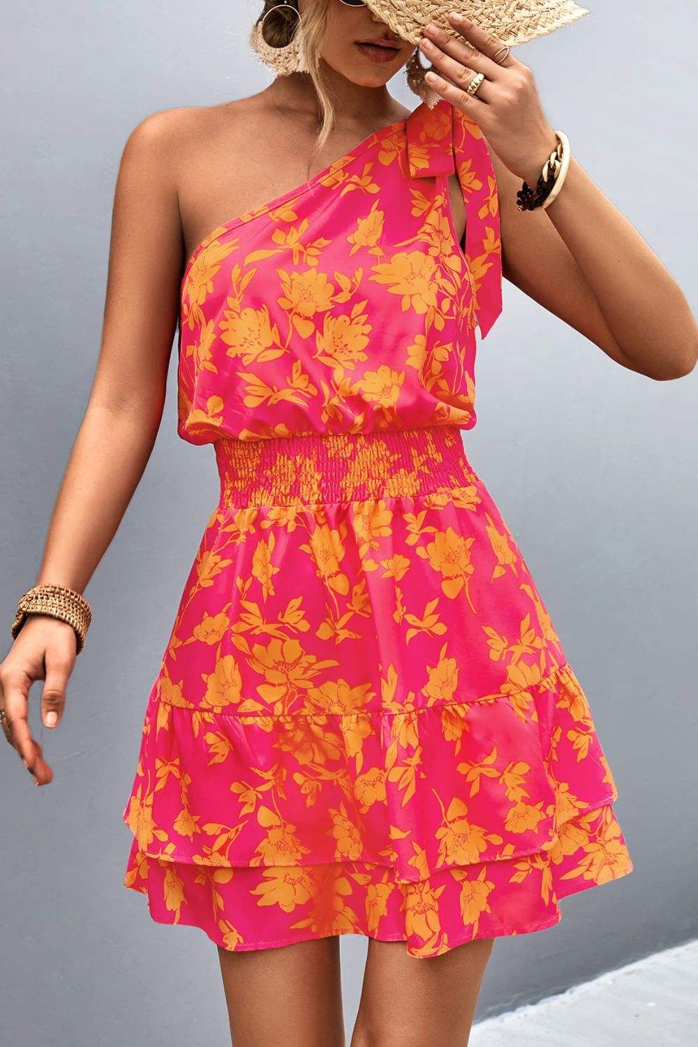 Tied Smocked Printed Single Shoulder Dress Red Orange Casual Dresses - Tophatter Daily Deals