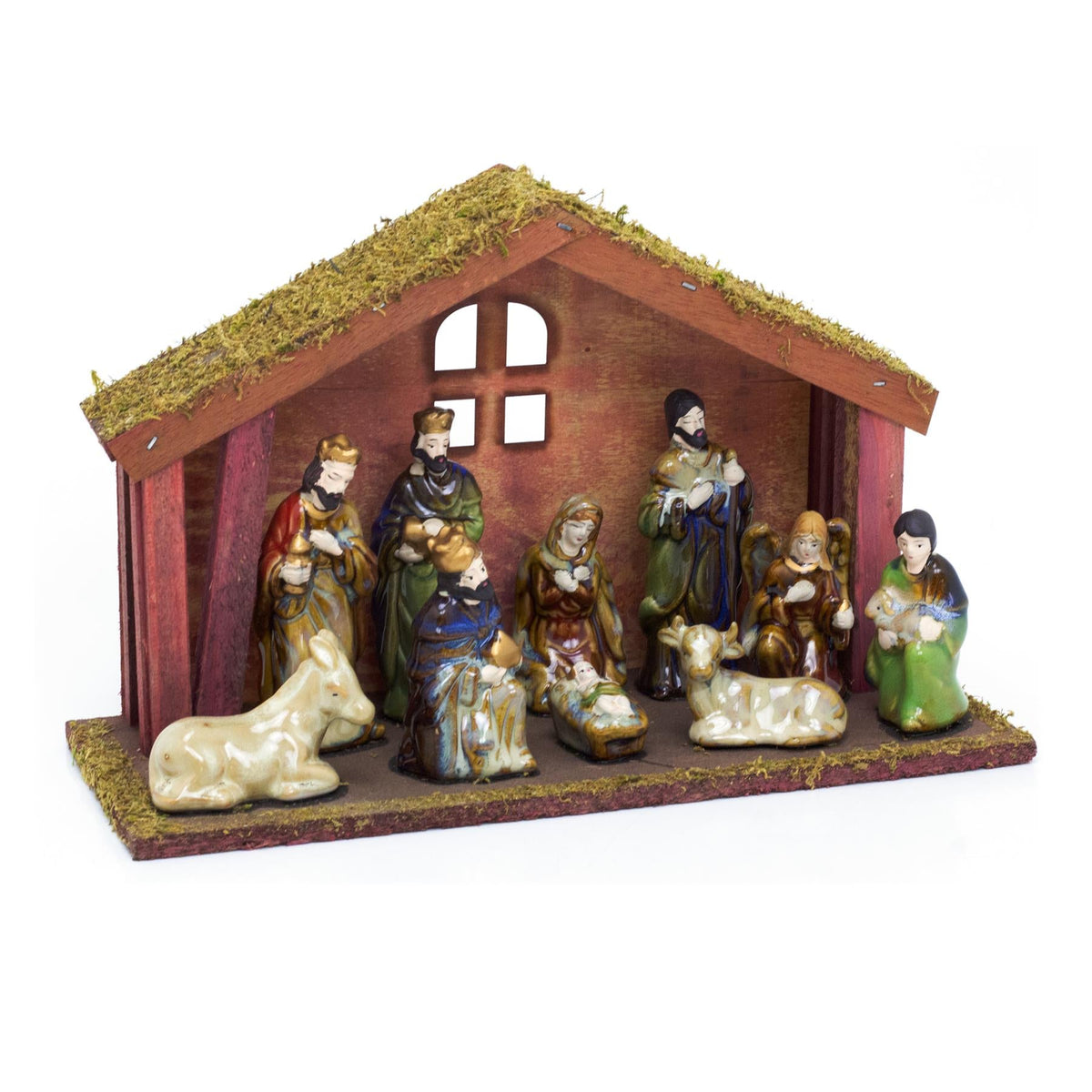 11-Piece Traditional Nativity Set with 10 Ceramic Figures & Wooden Stable - 30cm Nativity Set - Tophatter Daily Deals