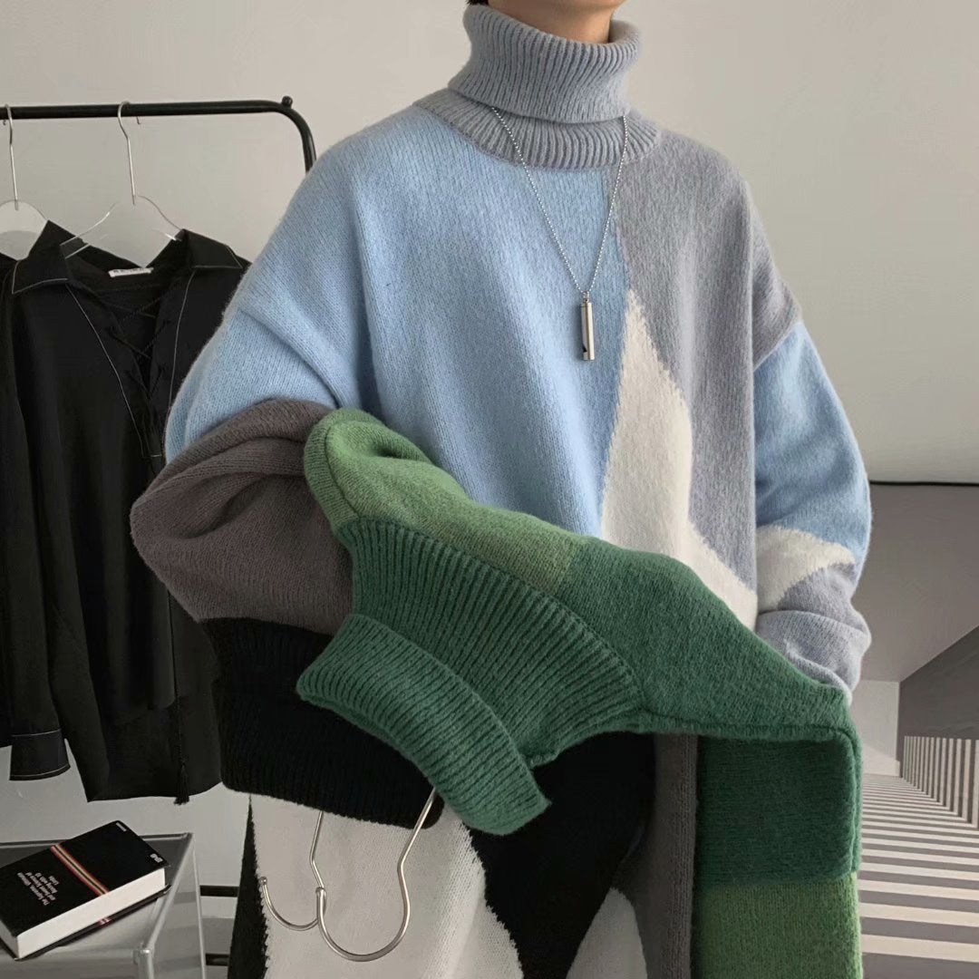 Warm Men Turtleneck Sweater - Oversized Polyester Knit Blue 3D Changing Face Moving Picture Frame - Tophatter Daily Deals
