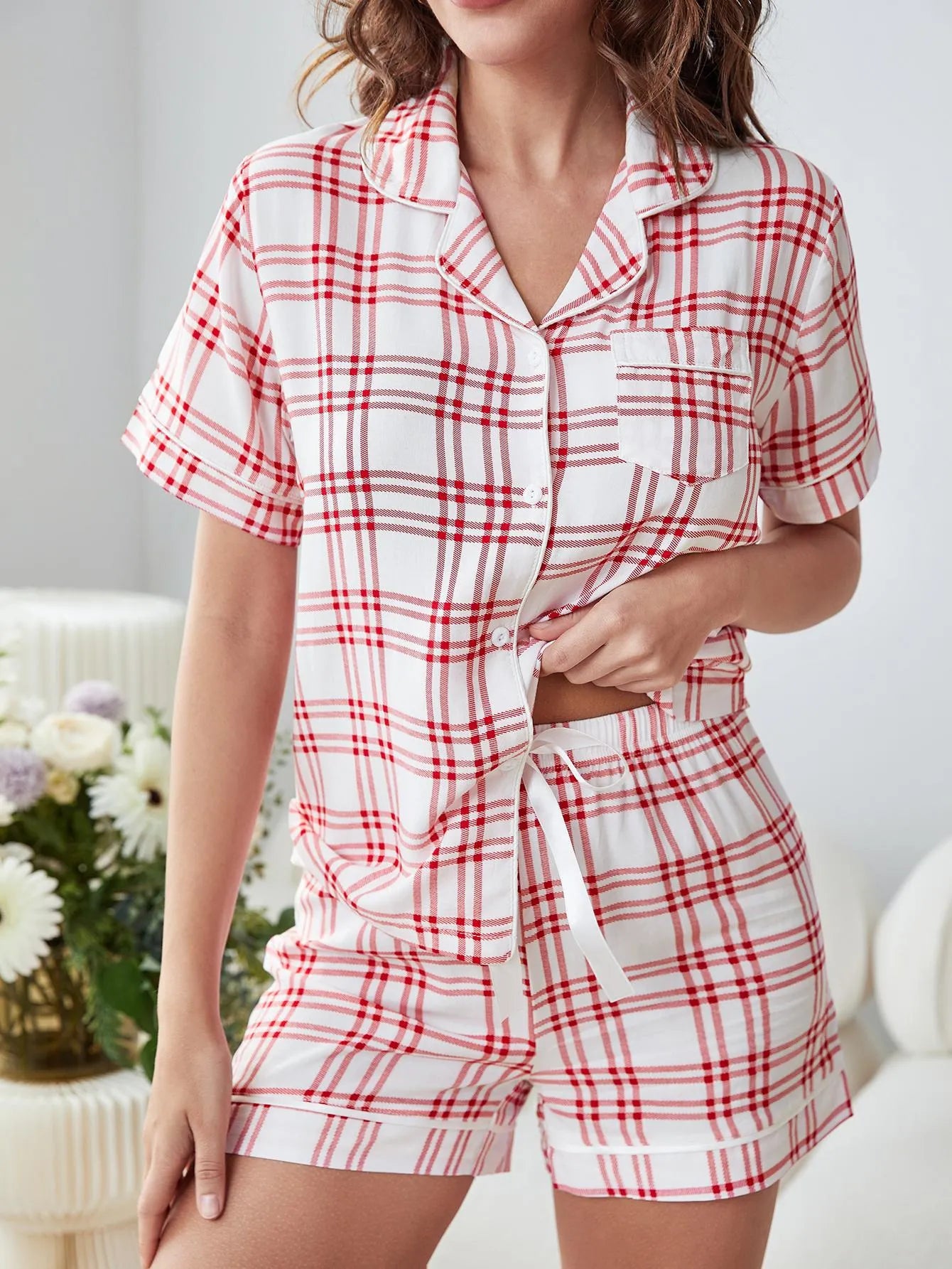 Plaid Lapel Collar Shirt and Shorts Lounge Set Red Loungewear Sets - Tophatter Daily Deals