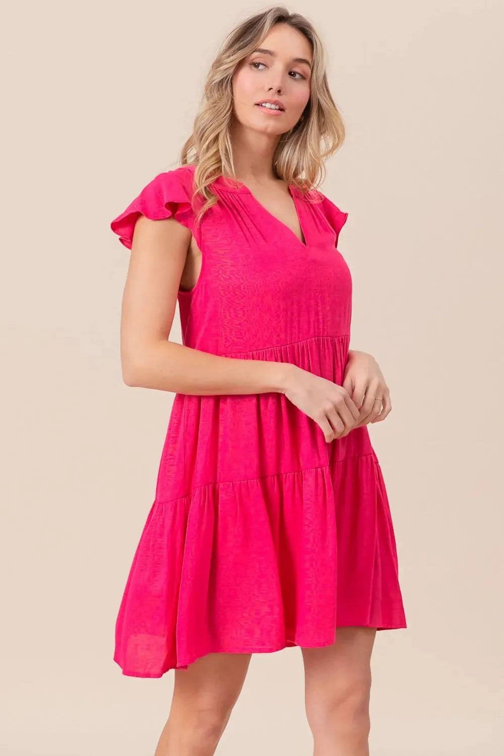 BiBi Textured Woven Tiered Dress With Ruffled Sleeves Casual Dresses - Tophatter Daily Deals