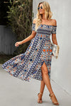 Bohemian Off-Shoulder Frill Trim Split Dress Navy Casual Dresses - Tophatter Daily Deals