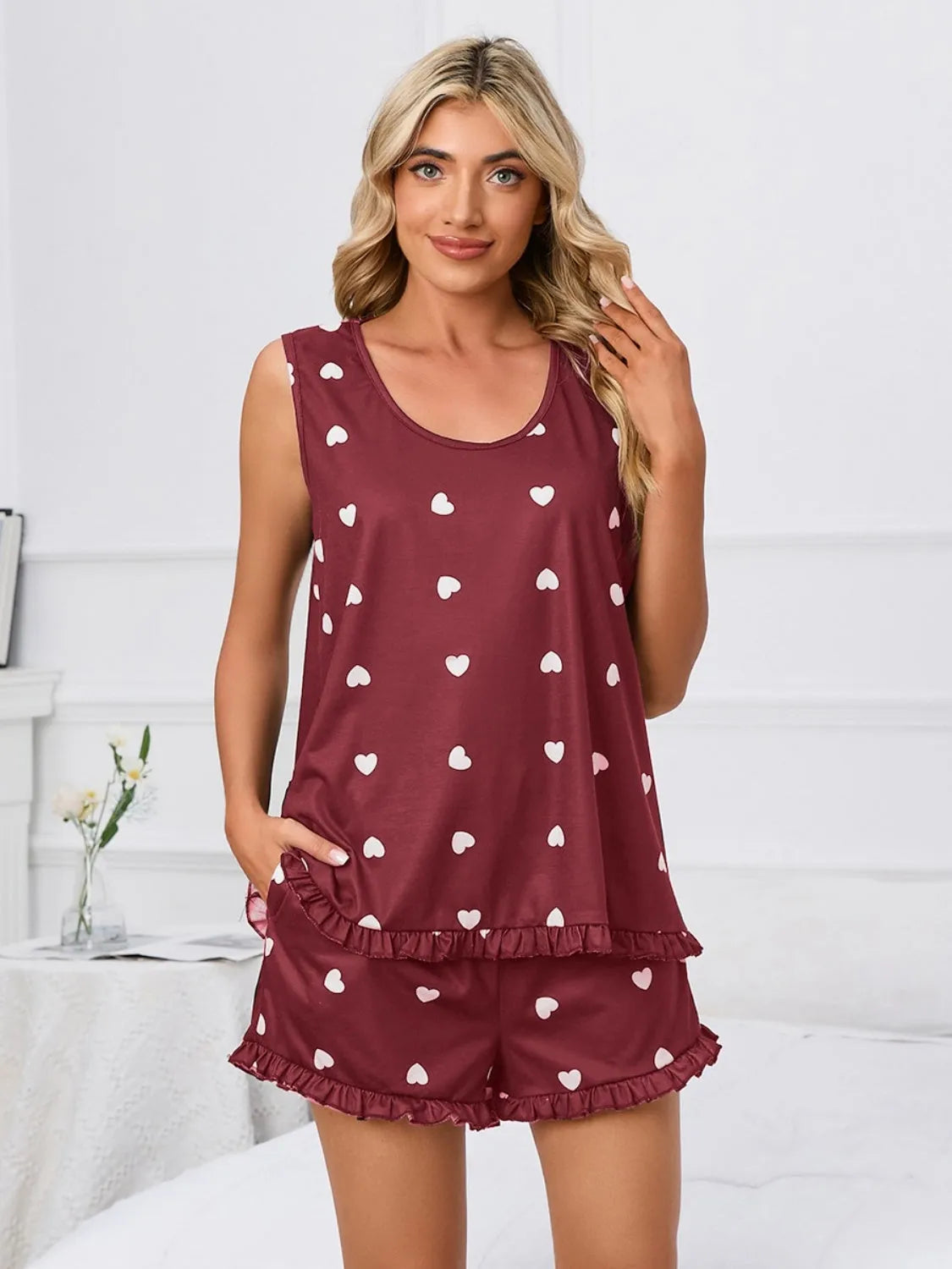 Heart Scoop Neck Tank and Shorts Lounge Set Loungewear Sets - Tophatter Daily Deals