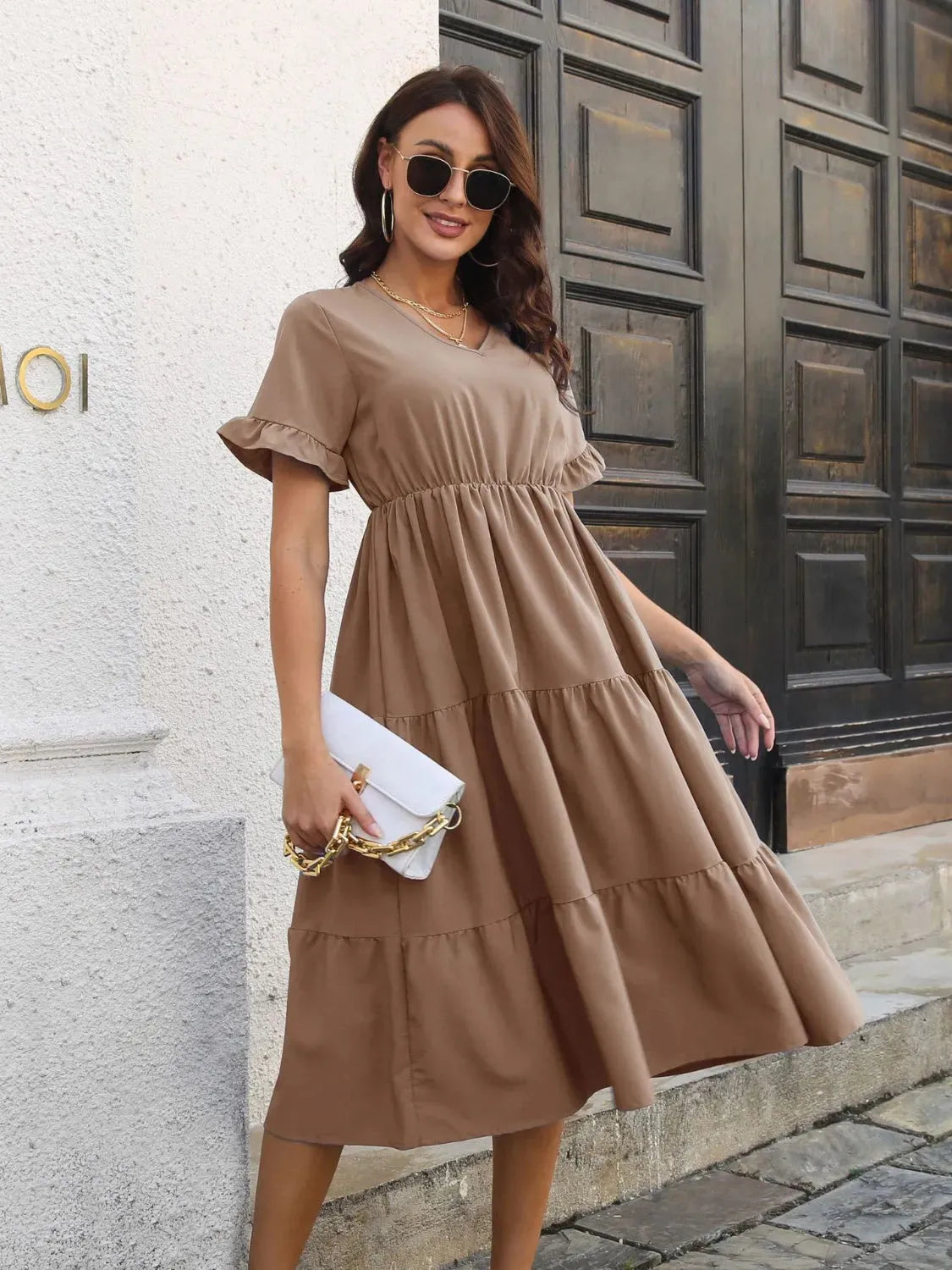 V-Neck Short Sleeve Midi Dress Khaki Casual Dresses - Tophatter Daily Deals