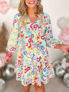 V-Neck Floral Print Long Sleeve Mini Dress Casual Dresses - Tophatter Daily Deals