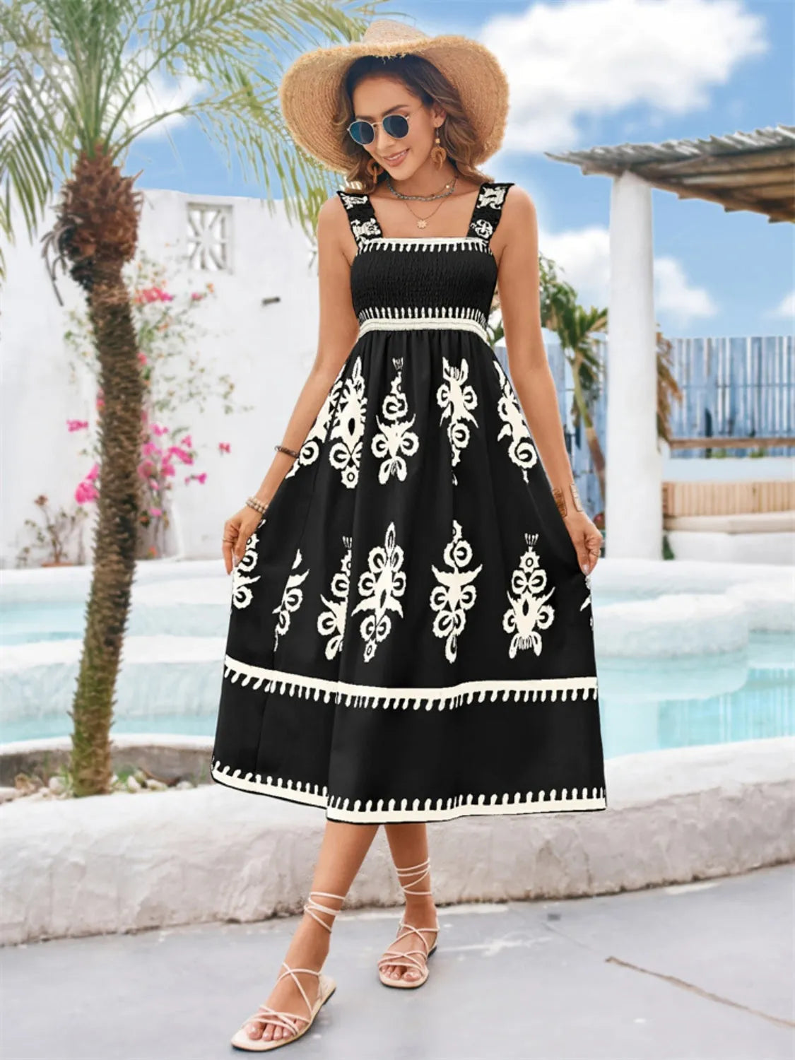 Printed Square Neck Wide Strap Midi Dress Black Casual Dresses - Tophatter Daily Deals