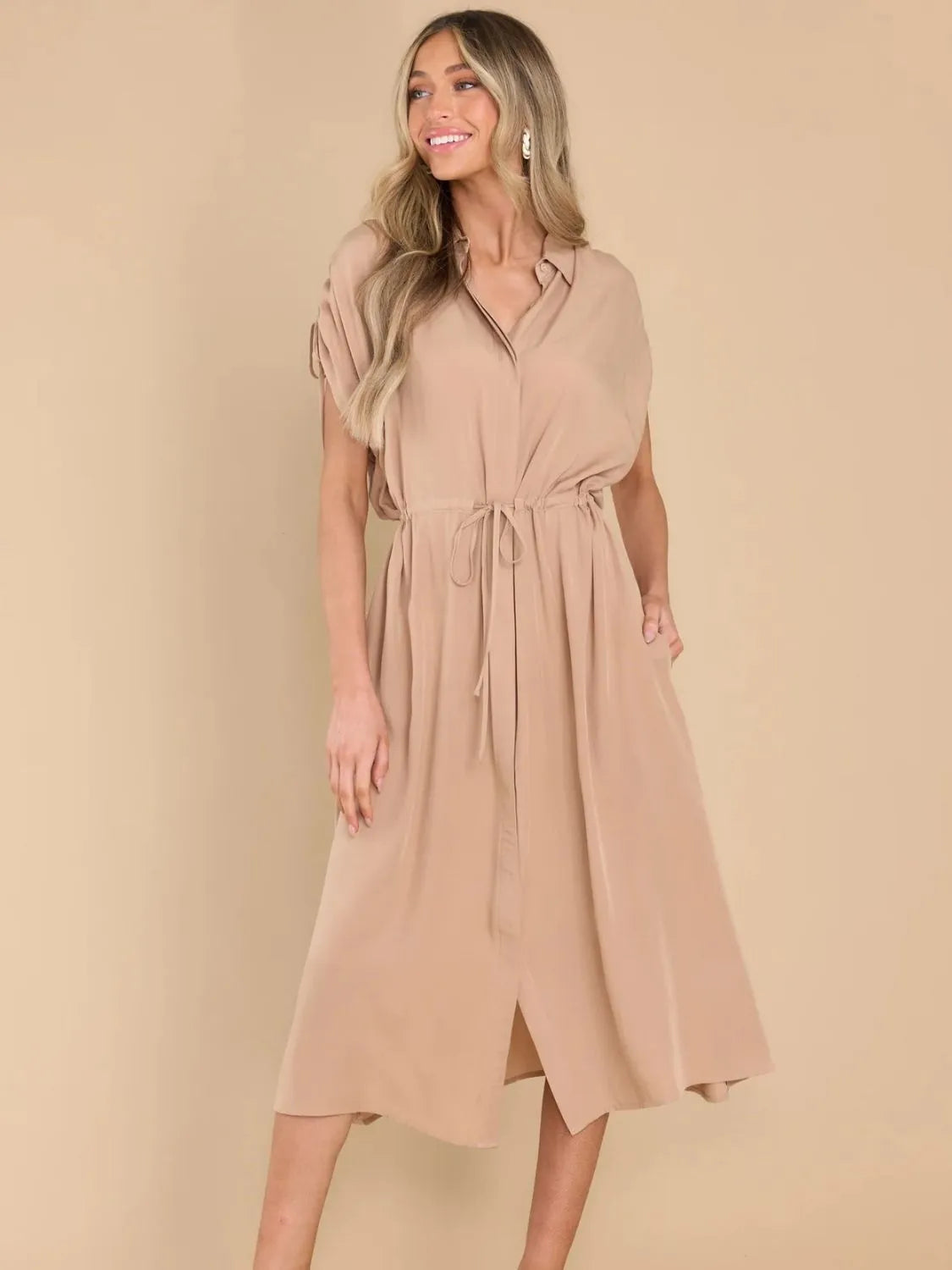 Drawstring Collared Neck Short Sleeve Midi Dress Apricot Casual Dresses - Tophatter Daily Deals