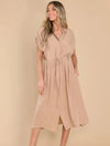 Drawstring Collared Neck Short Sleeve Midi Dress Apricot Casual Dresses - Tophatter Daily Deals