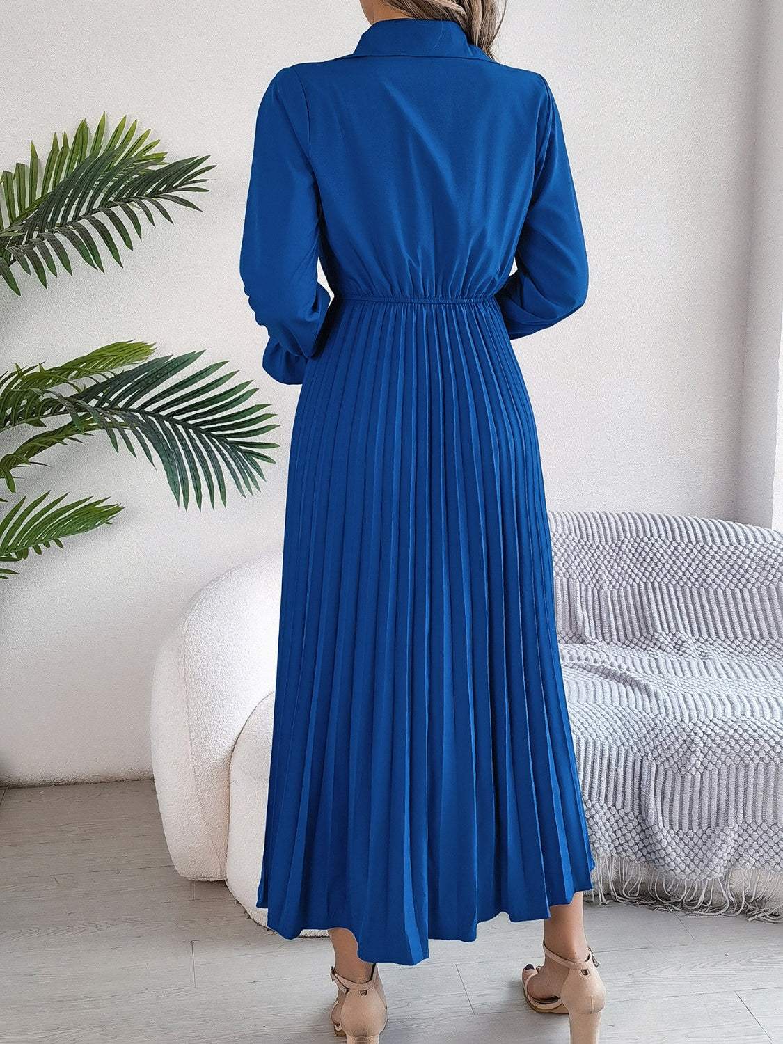 Pleated Half Button Long Sleeve Midi Dress Casual Dresses - Tophatter Daily Deals