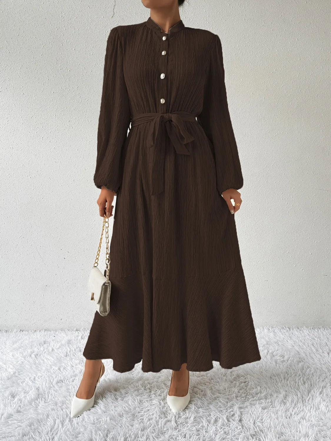 Tie Waist Long Sleeve Dress Chocolate Casual Dresses - Tophatter Daily Deals