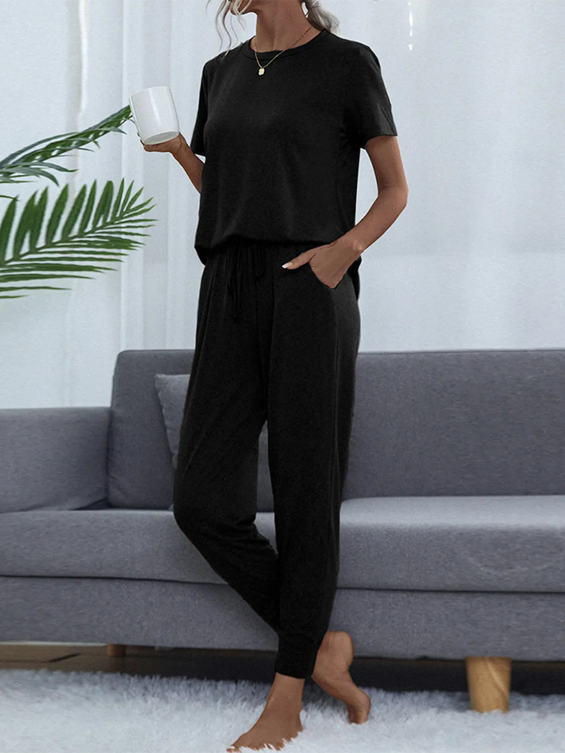 Round Neck Short Sleeve Top and Pants Set Loungewear Sets - Tophatter Daily Deals