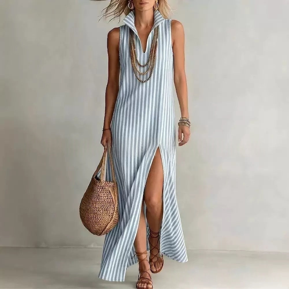 Striped Stand Collar Side-Slit Sleeveless Maxi Dress – A-Line Cami Women's Dresses - Tophatter Daily Deals
