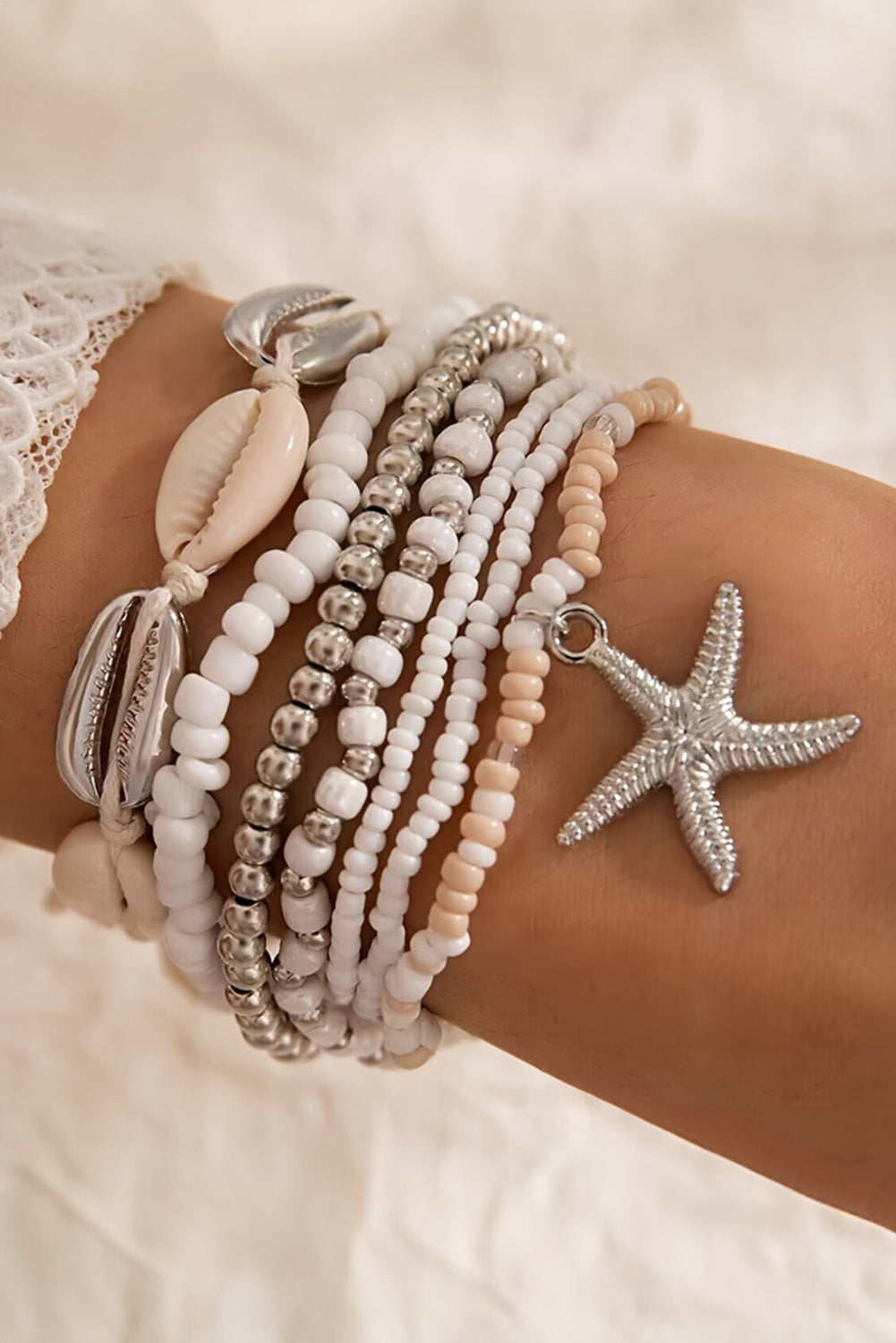 White 7pcs Starfish Seashell Beaded Bracelet Set White ONE SIZE Alloy Bracelets - Tophatter Daily Deals